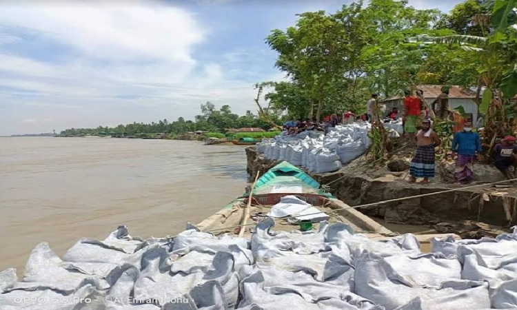 নদী ভাঙন রোধে নিম্নমানের জিও ব্যাগ ফেলার অভিযোগ