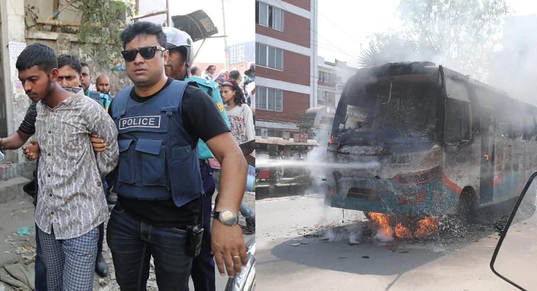 রাজধানীর মুগদায় বাসে আগুন, আটক ১