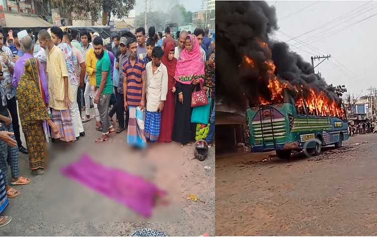 যশোরে বাস চাপায় বাবা-মেয়ে নিহত, বাসে আগুন