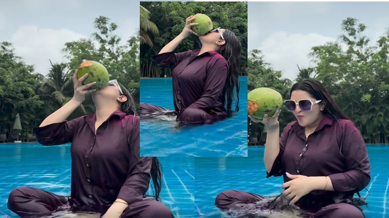 ভেজা শরীরে ডাবে চুমুক পরিমণির