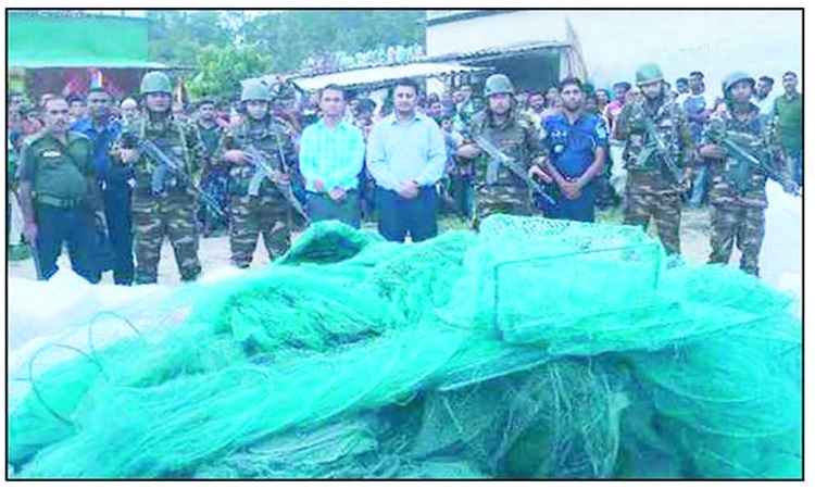 বাজিতপুরে আধা কোটি টাকার অবৈধ জাল ধ্বংস