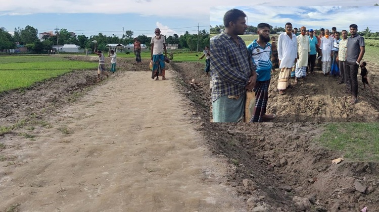 শেরপুরে মাসুদ রানা ও এলাকাবাসী স্বেচ্ছাশ্রমে রাস্তা সংস্কার 